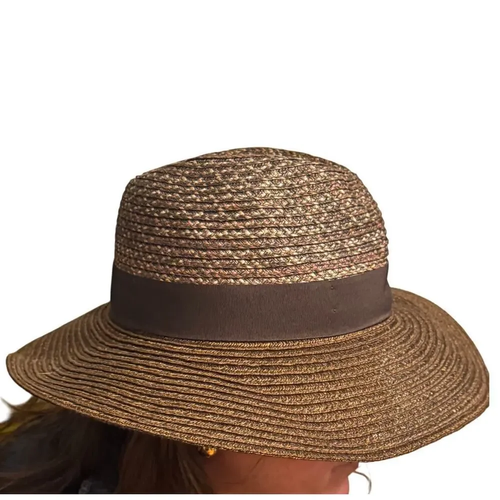 Goorin Bros Wide Brim Straw Hat Brown Ribbon with Tortoise Shell Buckle Medium